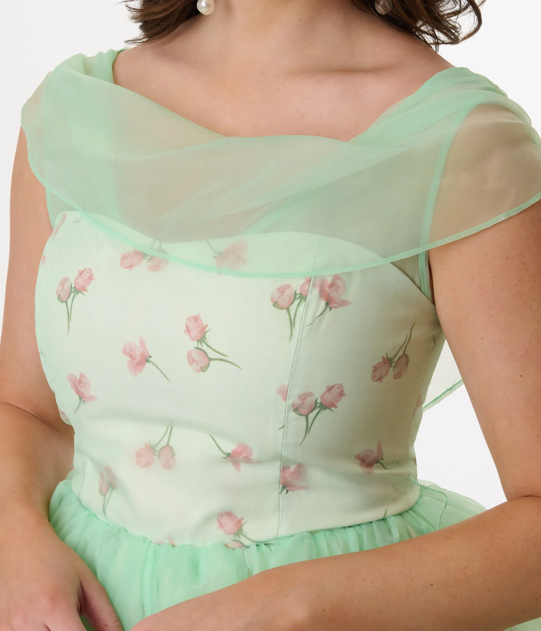 Barbie x Unique Vintage 1960s Green Chiffon & Rose Modern Art Swing Dress sold by Unique Vintage product image thumbnail 2