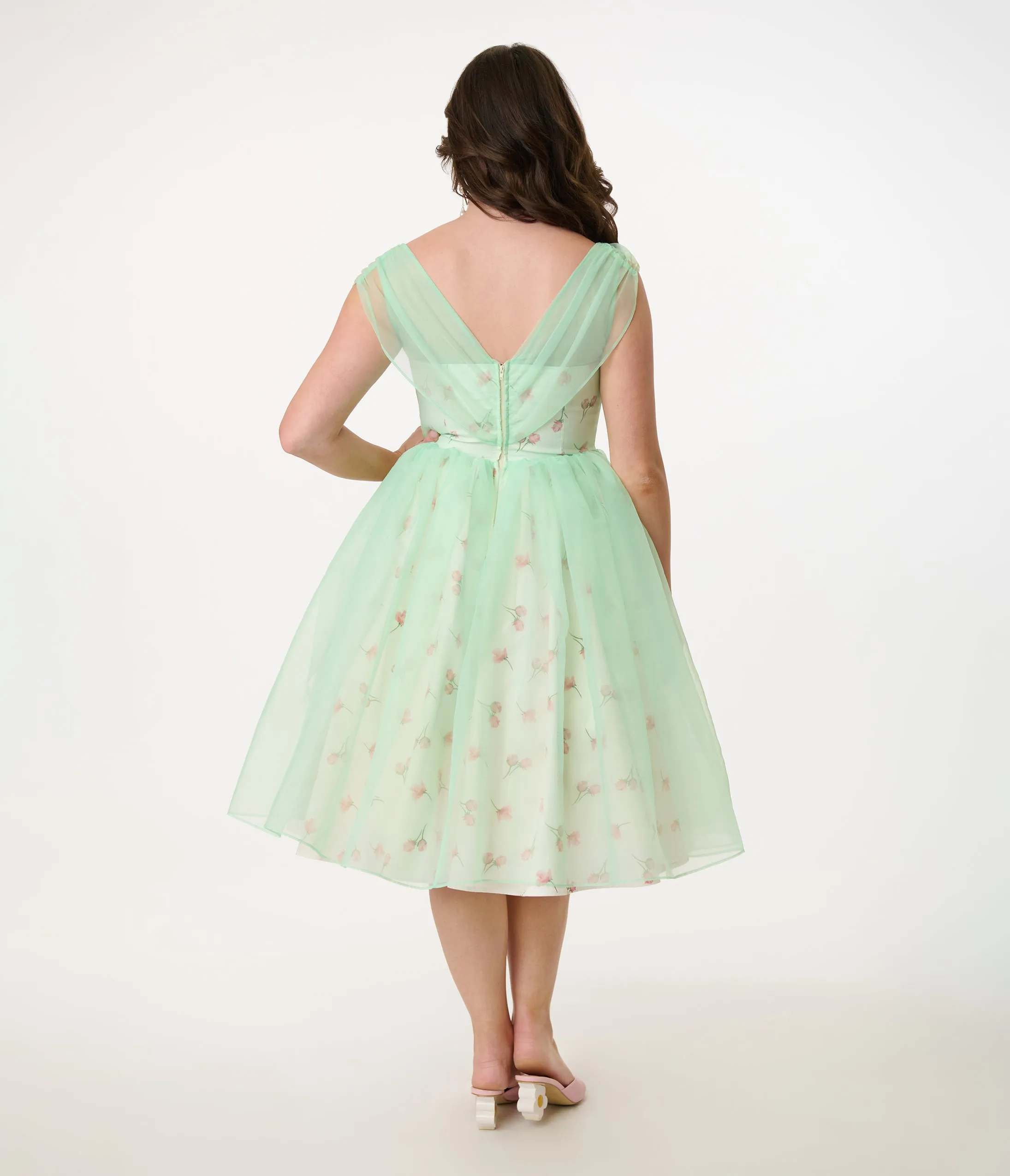 Barbie x Unique Vintage 1960s Green Chiffon & Rose Modern Art Swing Dress sold by Unique Vintage product image thumbnail 3