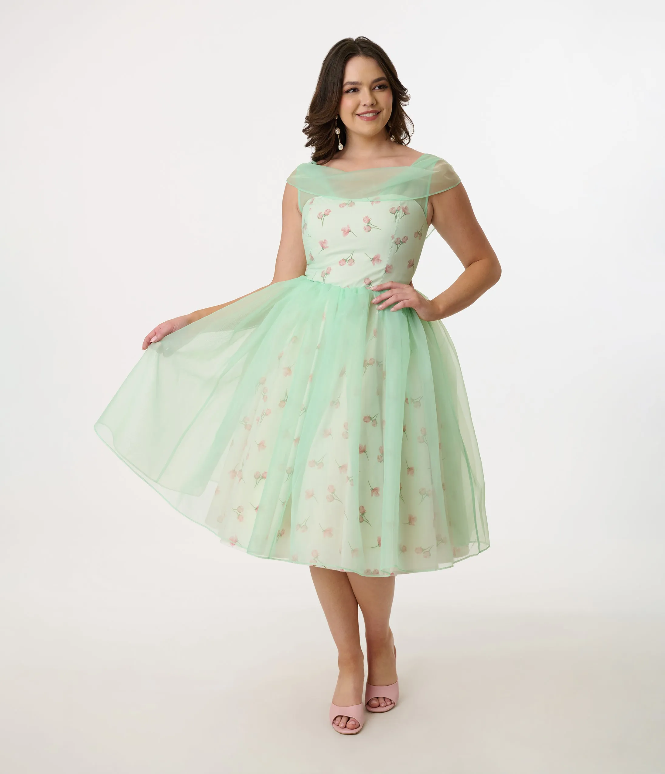 Barbie x Unique Vintage 1960s Green Chiffon & Rose Modern Art Swing Dress sold by Unique Vintage