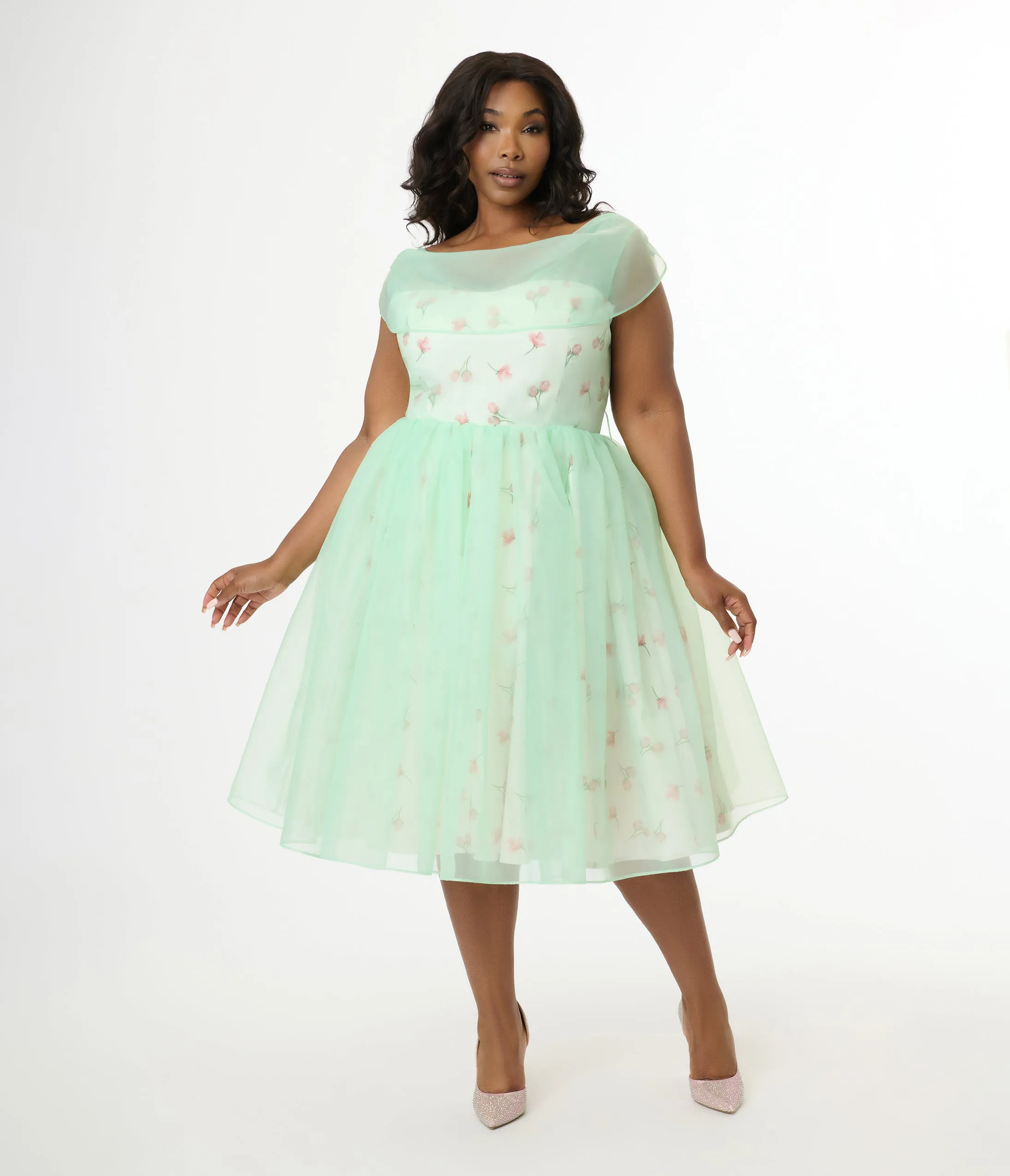 Barbie x Unique Vintage Plus Size 1960s Green Chiffon & Rose Modern Art Swing Dress sold by Unique Vintage product image thumbnail 4