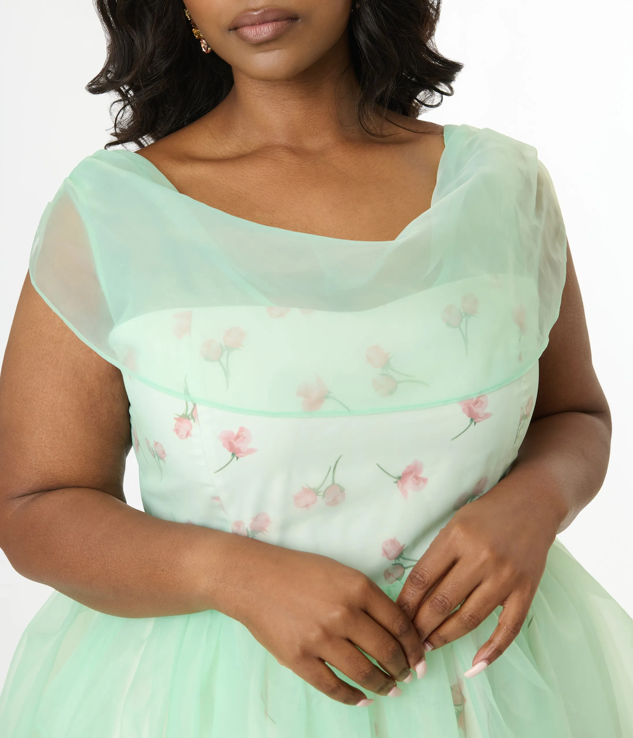 Barbie x Unique Vintage Plus Size 1960s Green Chiffon & Rose Modern Art Swing Dress sold by Unique Vintage product image thumbnail 3