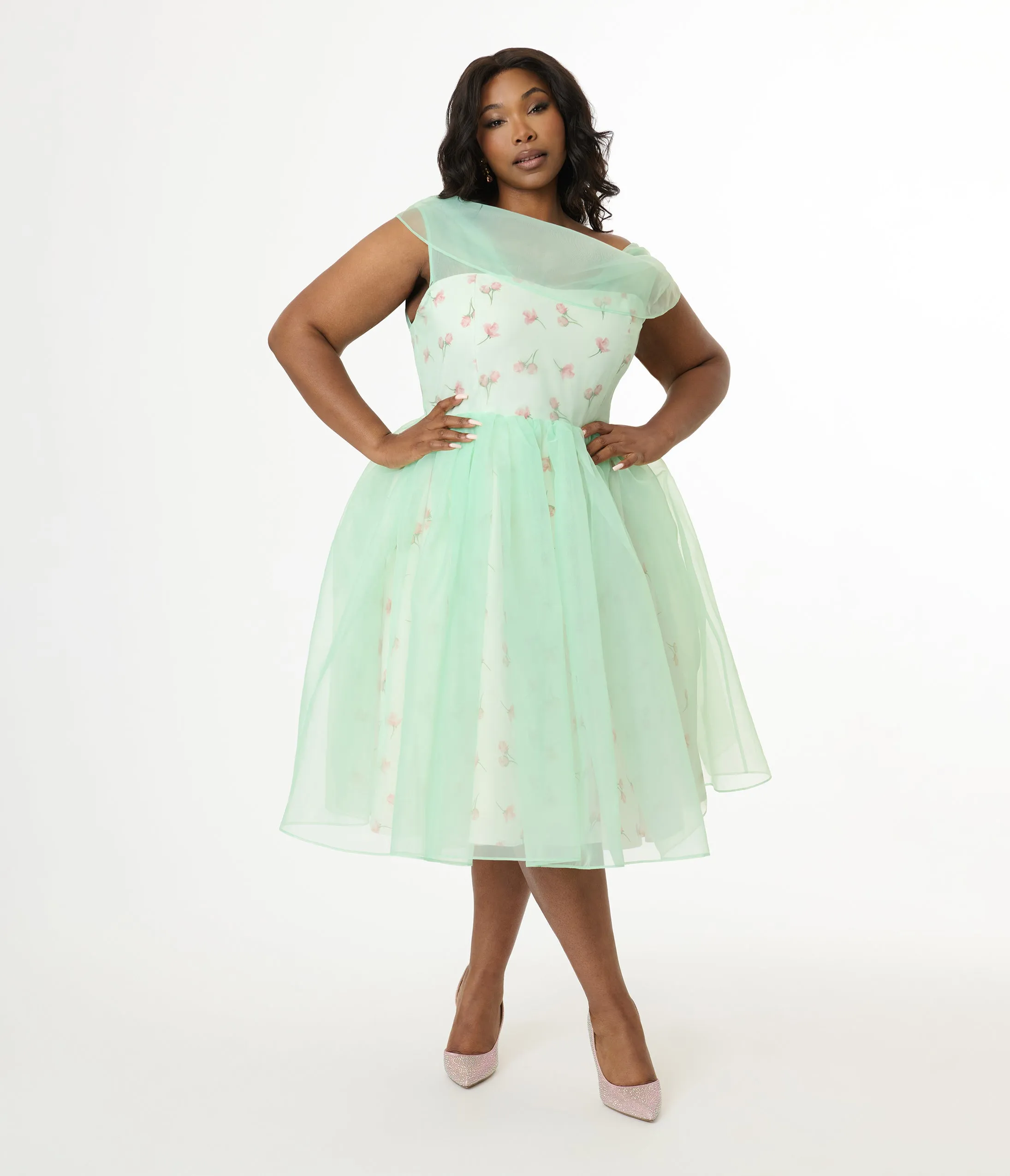 Barbie x Unique Vintage Plus Size 1960s Green Chiffon & Rose Modern Art Swing Dress sold by Unique Vintage