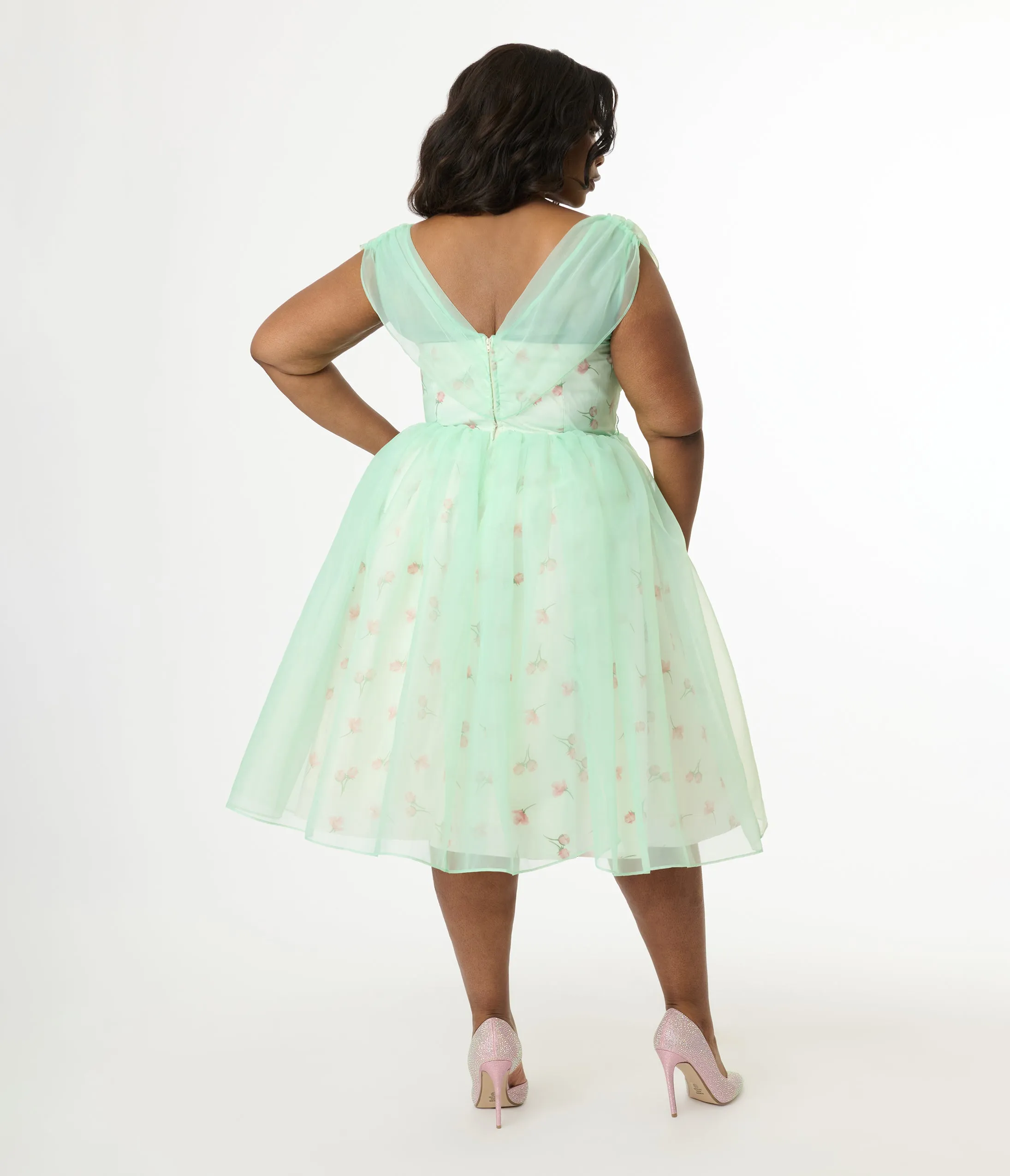 Barbie x Unique Vintage Plus Size 1960s Green Chiffon & Rose Modern Art Swing Dress sold by Unique Vintage product image thumbnail 2