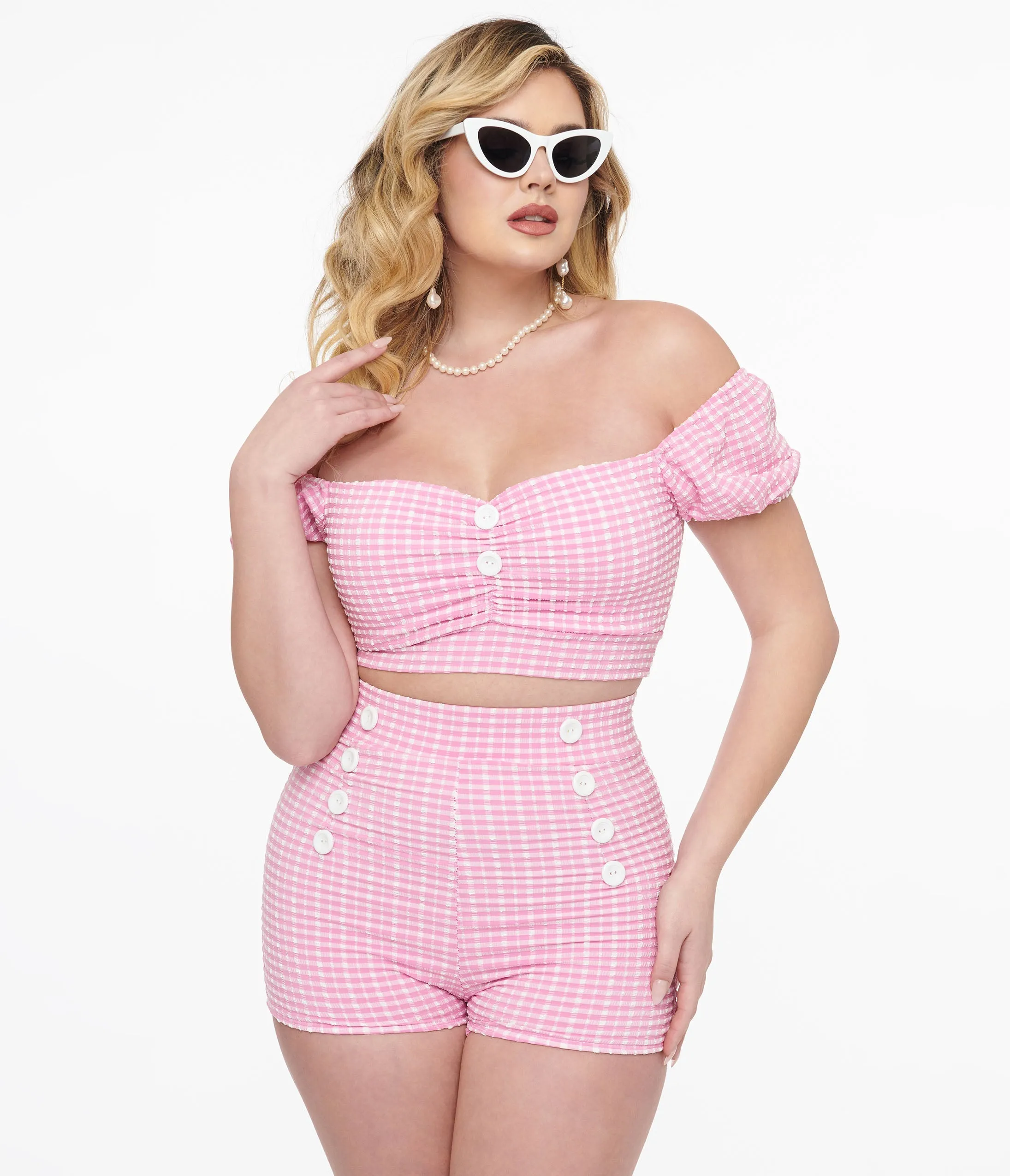 1950s Pink Gingham Seersucker Puff Sleeve Swim Top sold by Unique Vintage product image thumbnail 3