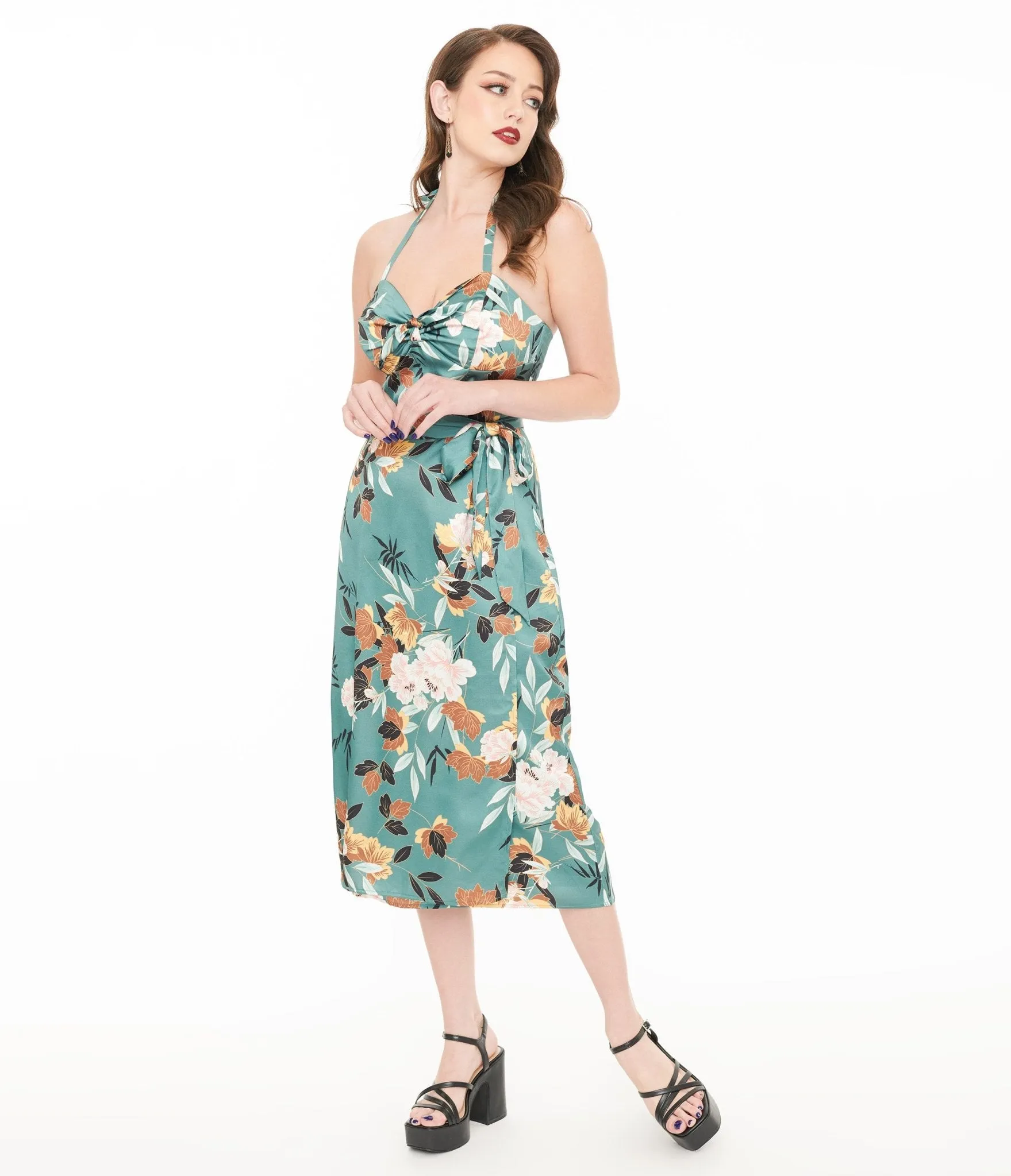 Unique Vintage 1950s Teal Floral Leilani Sarong Dress sold by Unique Vintage product image thumbnail 3