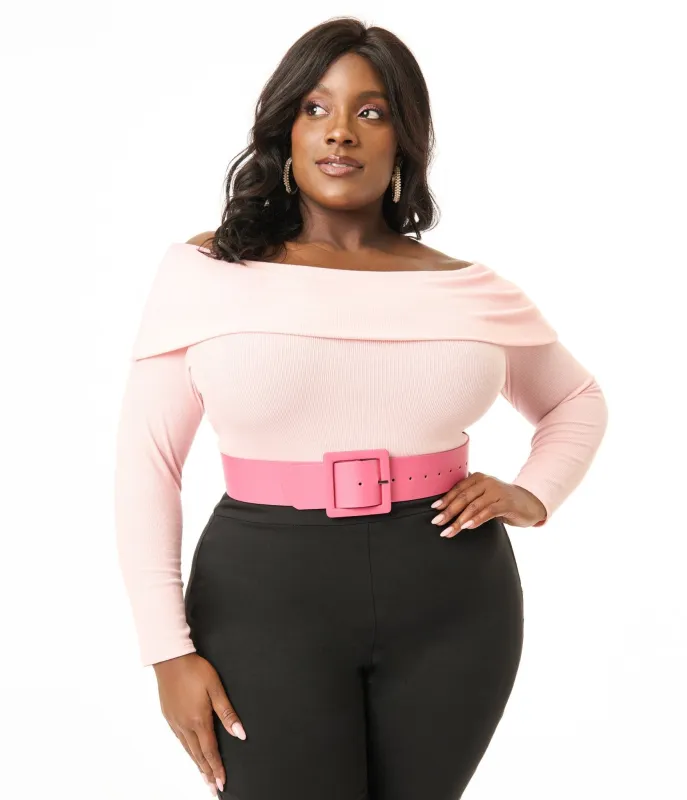 Unique Vintage Plus Size 1960s Light Pink Folded Shoulder Knit Top sold by Unique Vintage