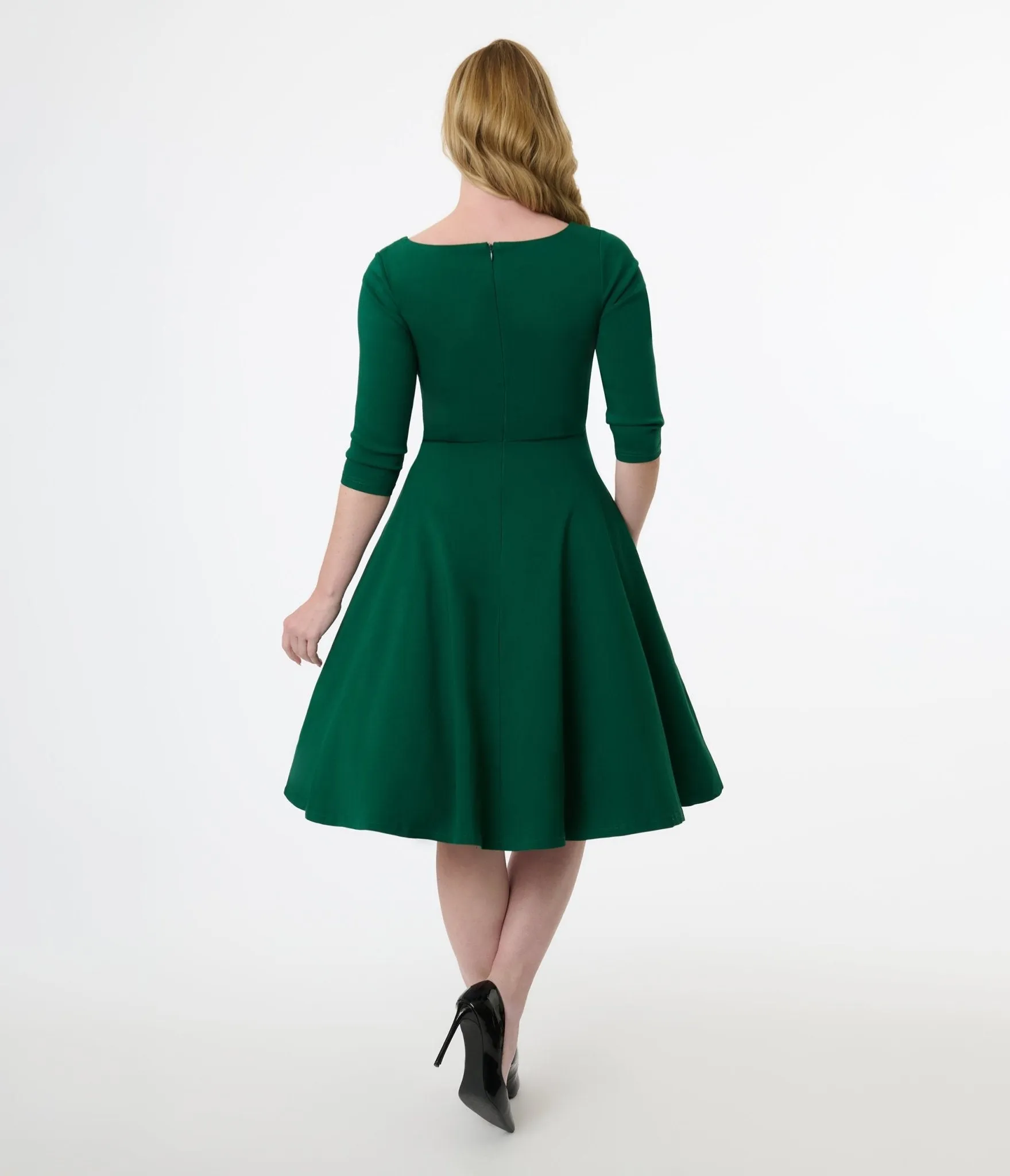 Unique Vintage 1950s Emerald Green Pleated Bust Swing Dress sold by Unique Vintage product image thumbnail 3
