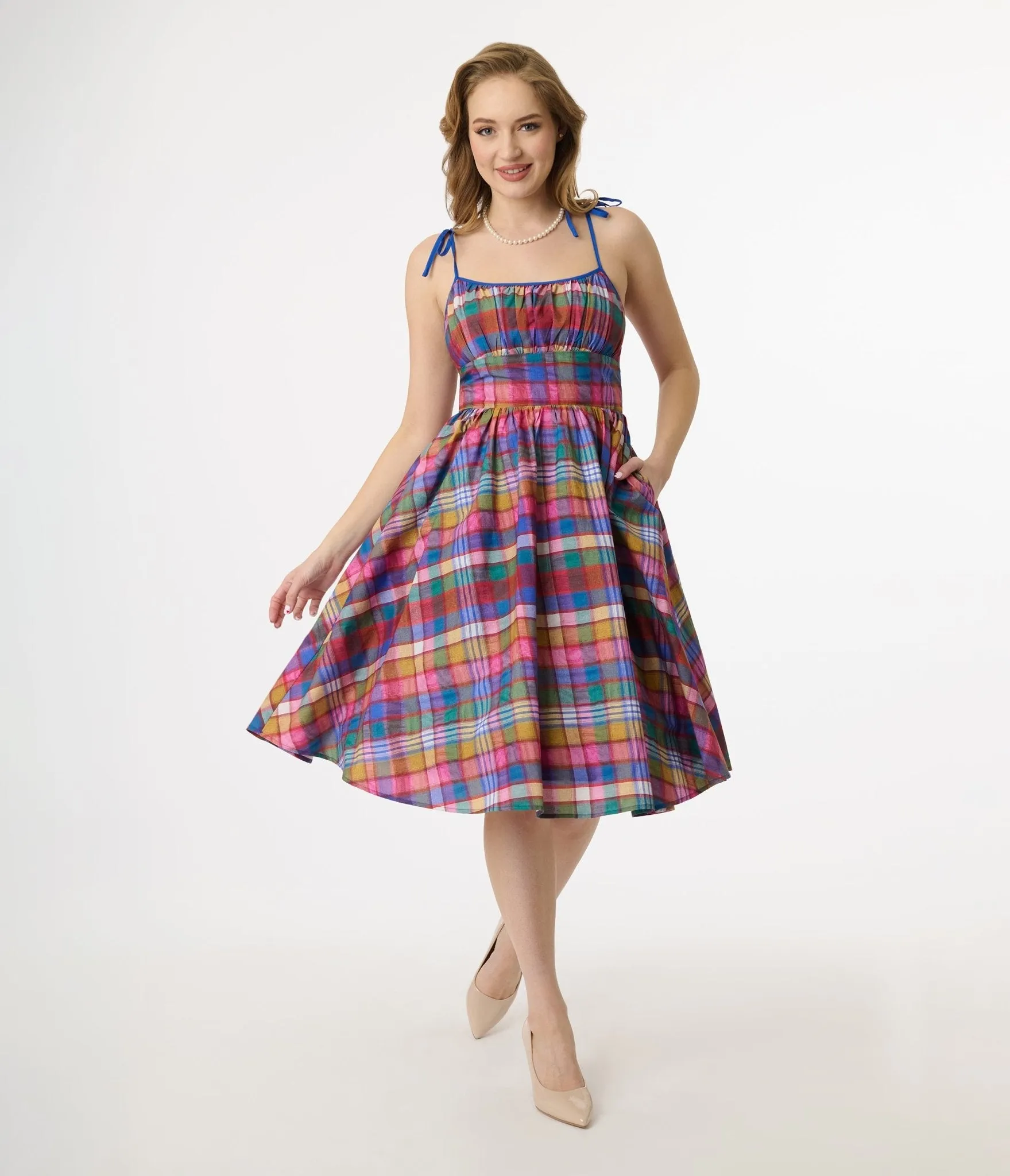 Unique Vintage 1950s Multicolor Plaid Sleeveless Cotton Swing Dress sold by Unique Vintage