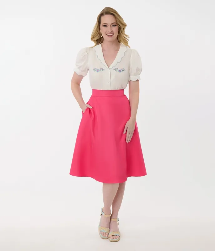 Unique Vintage 1950s Hot Pink High Waist Vivian Swing Skirt sold by Unique Vintage