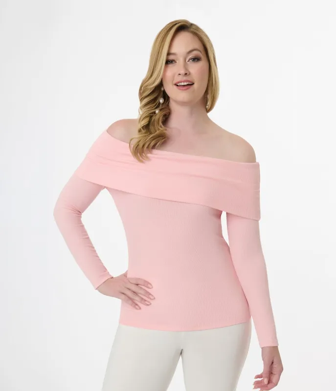 Unique Vintage 1960s Light Pink Folded Shoulder Knit Top sold by Unique Vintage