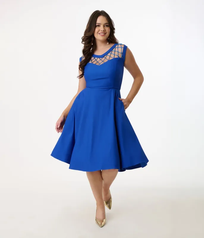 Unique Vintage 1950s Royal Blue Diamond Cable Swing Dress sold by Unique Vintage