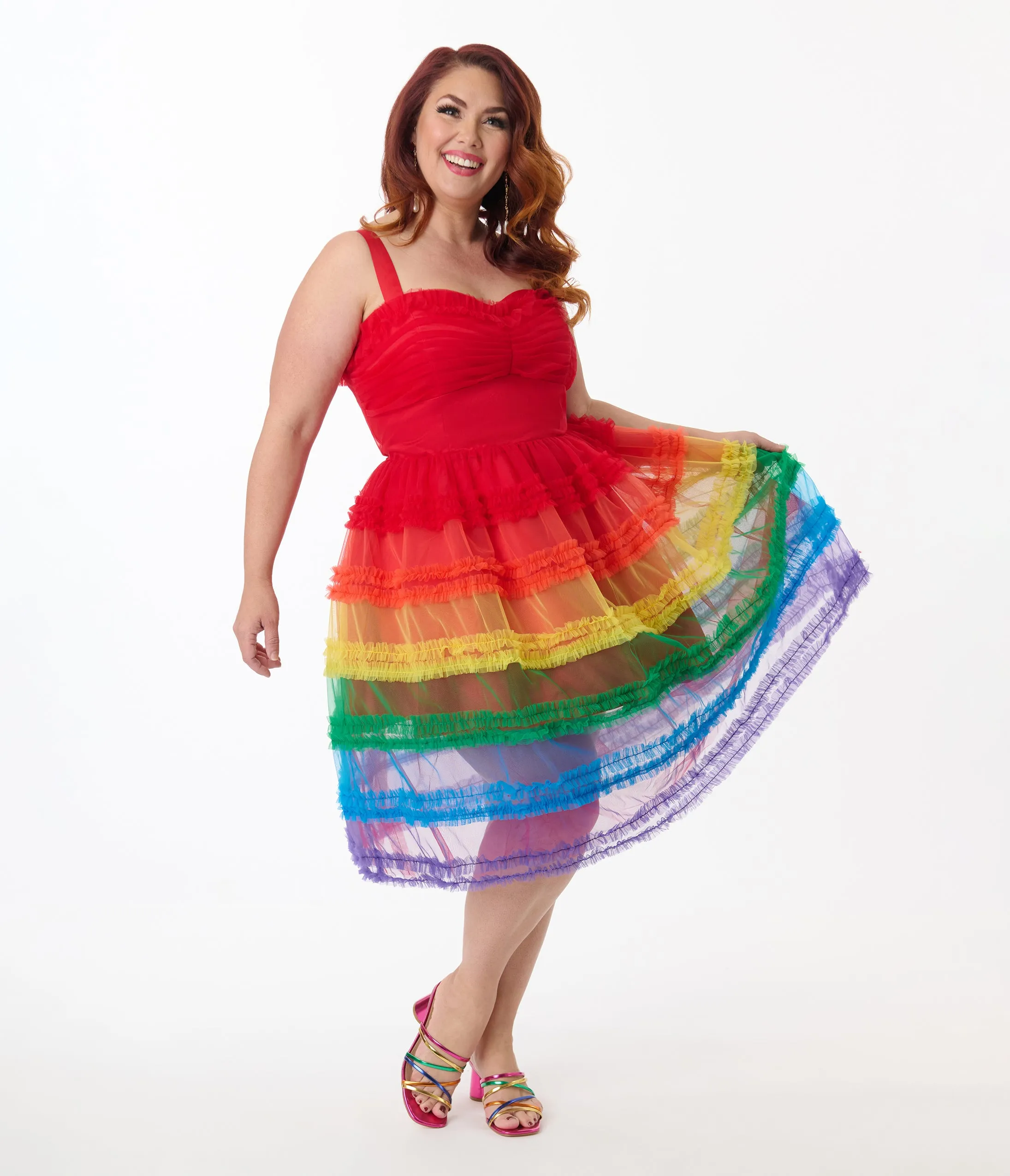 Unique Vintage Plus Size Rainbow Tiered Sheer Midi Dress sold by Unique Vintage