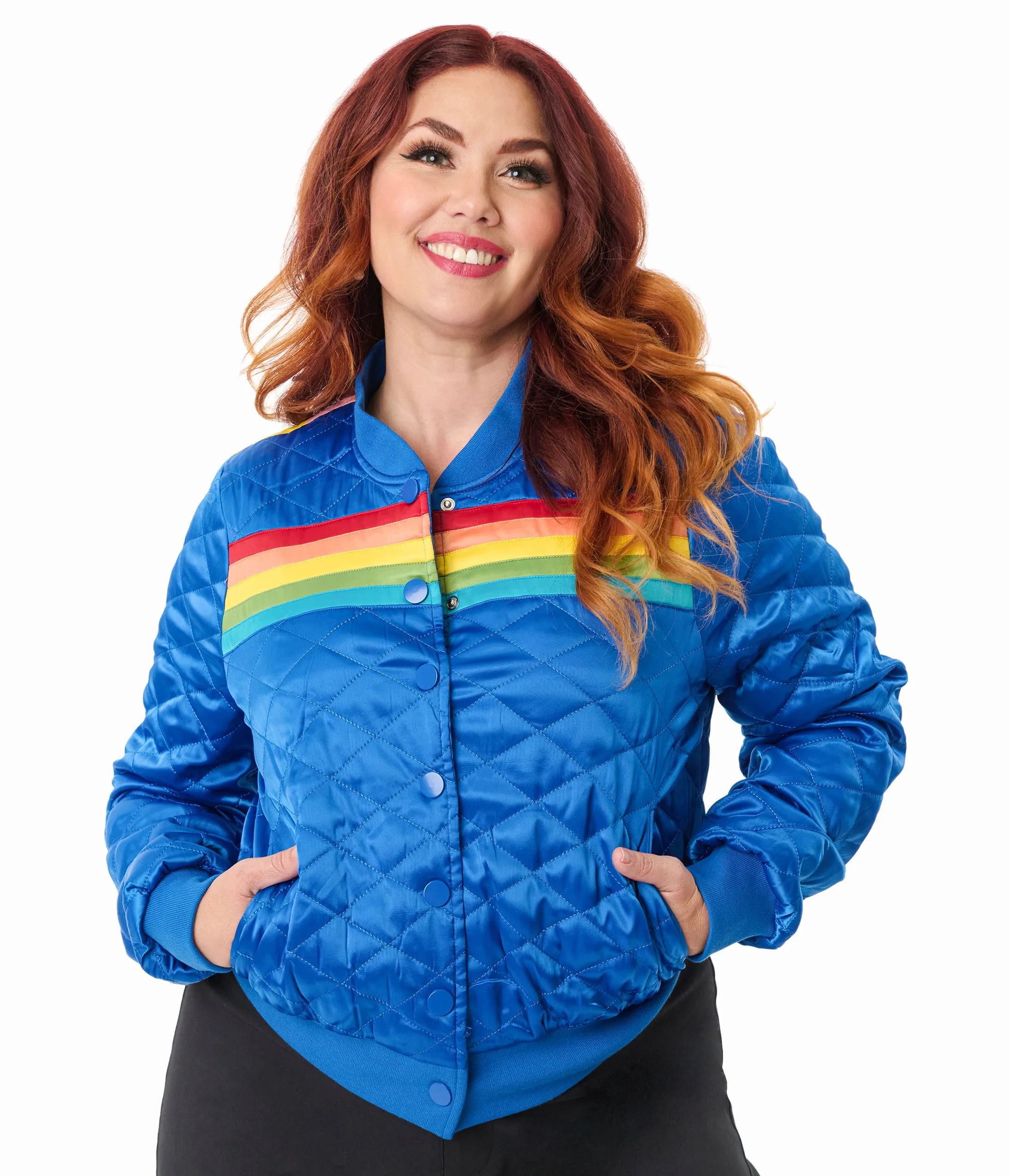 Unique Vintage Plus Size Blue & Rainbow Quilted Varsity Jacket sold by Unique Vintage