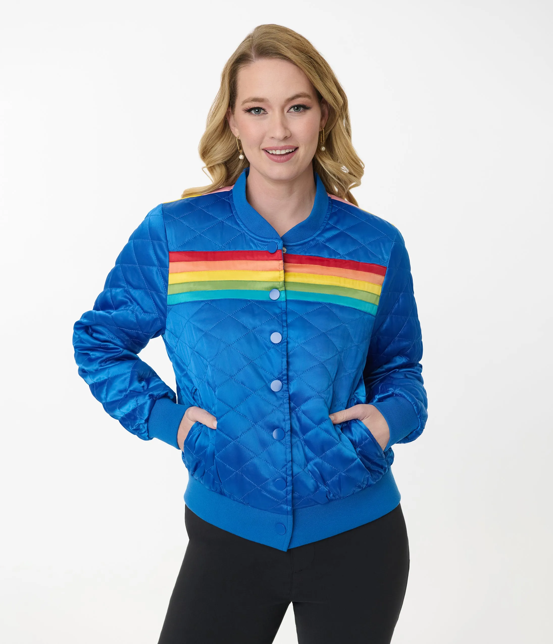 Unique Vintage Blue & Rainbow Quilted Varsity Jacket sold by Unique Vintage