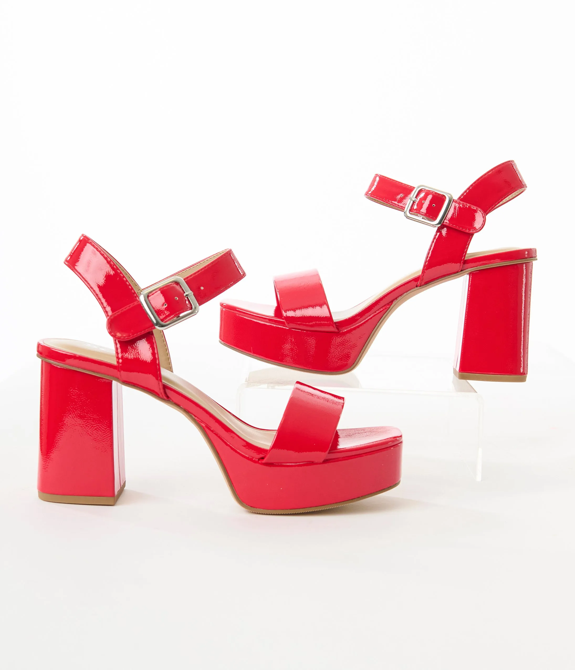 Red Patent Leatherette Platform Heels sold by Unique Vintage