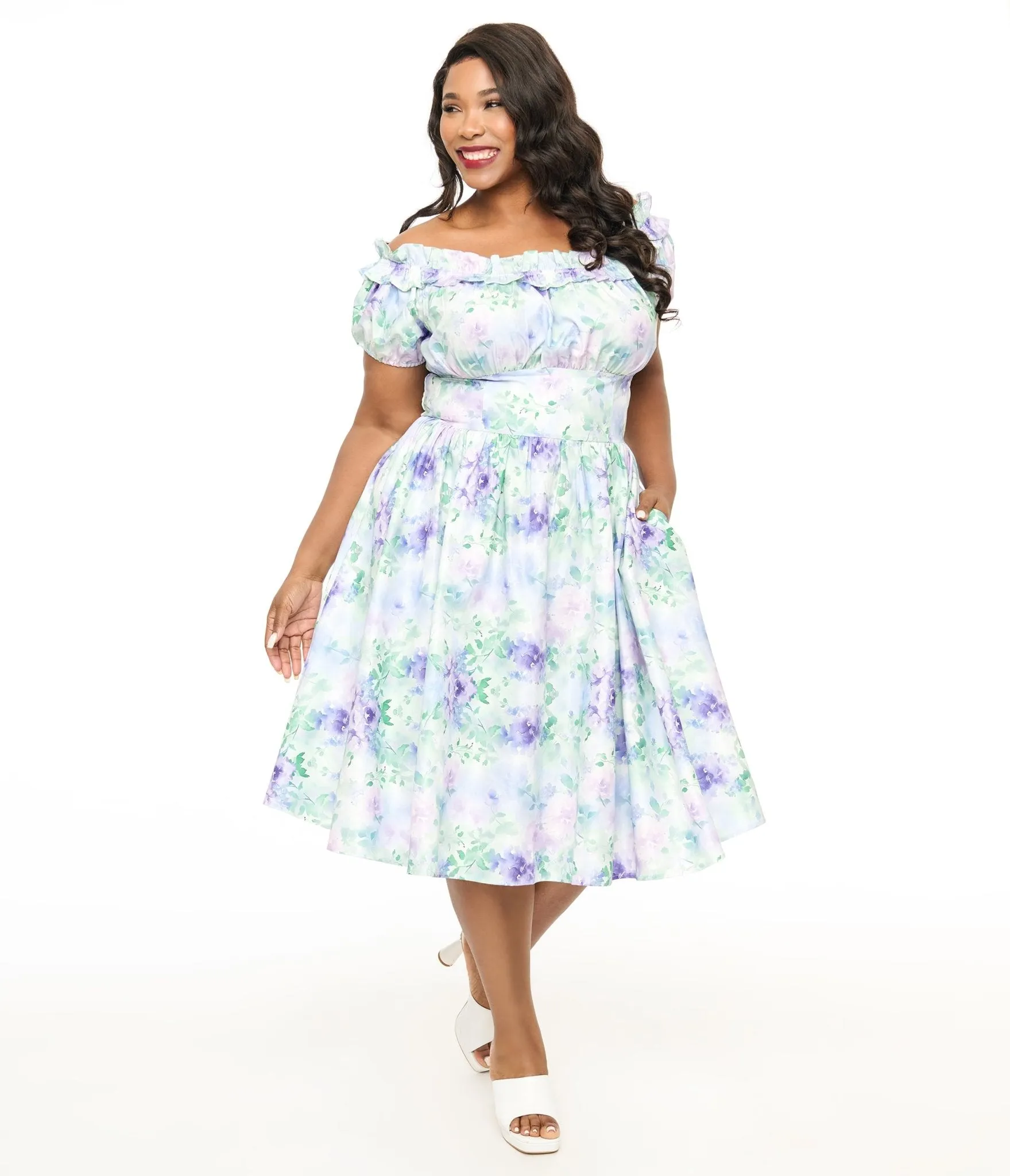 Unique Vintage Plus Size 1950s Lavender Floral Off The Shoulder Ruffle Swing Dress sold by Unique Vintage