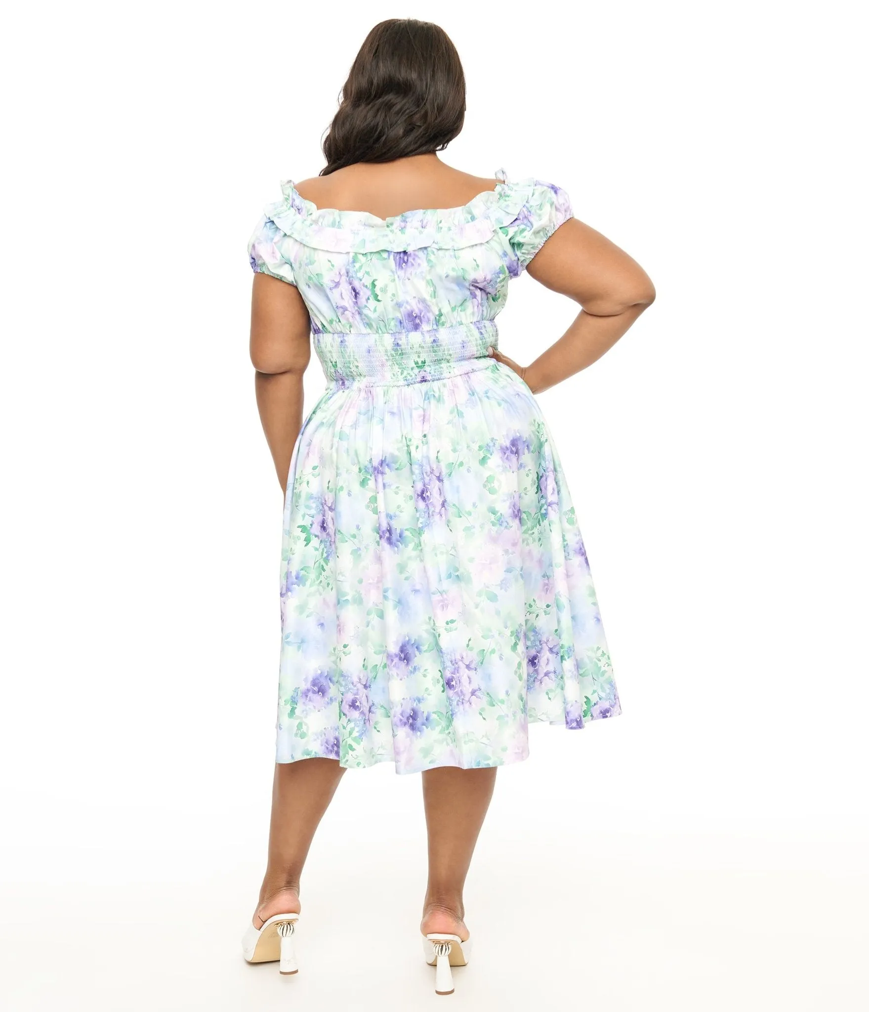 Unique Vintage Plus Size 1950s Lavender Floral Off The Shoulder Ruffle Swing Dress sold by Unique Vintage product image thumbnail 2