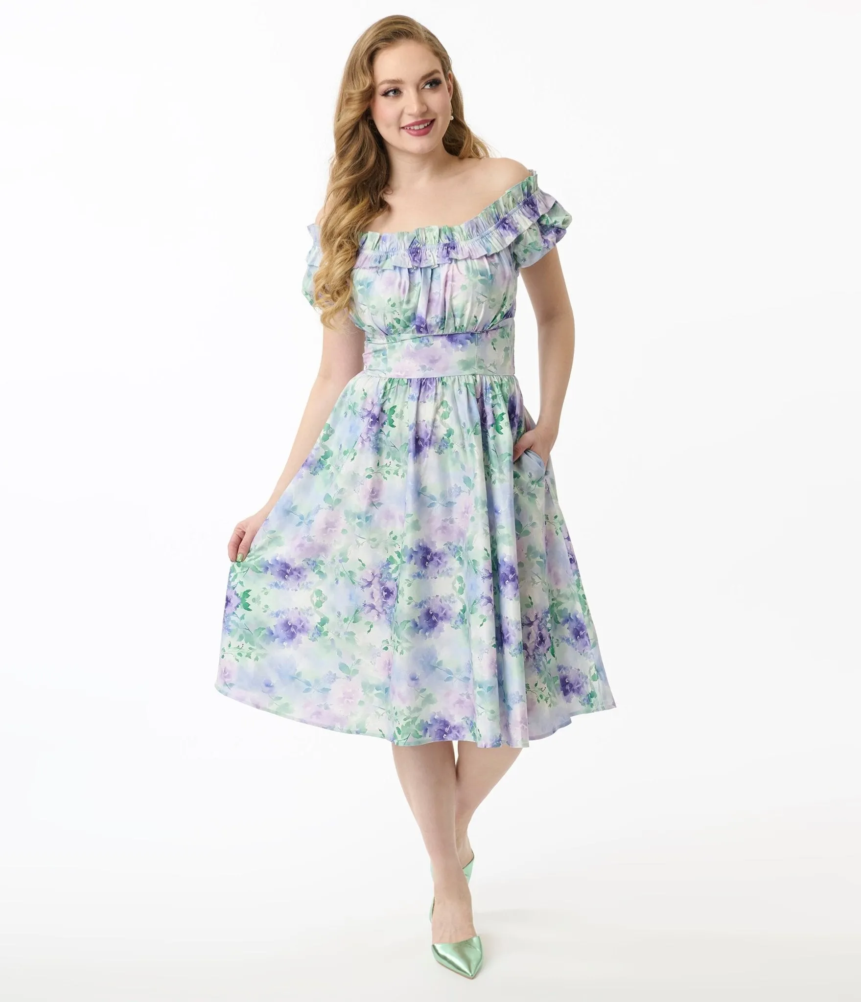 Unique Vintage 1950s Lavender Floral Off The Shoulder Ruffle Swing Dress sold by Unique Vintage product image thumbnail 4