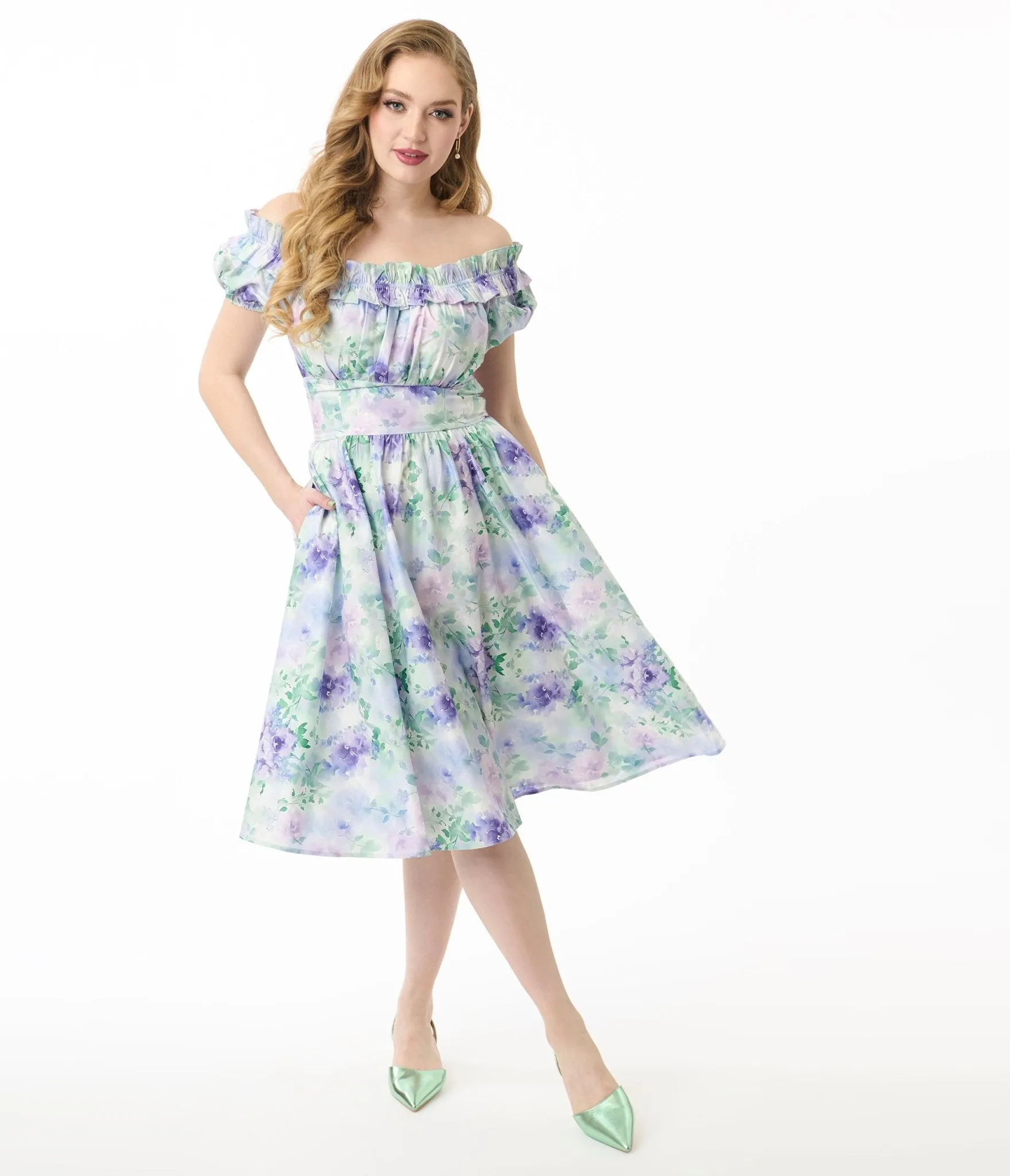 Unique Vintage 1950s Lavender Floral Off The Shoulder Ruffle Swing Dress sold by Unique Vintage