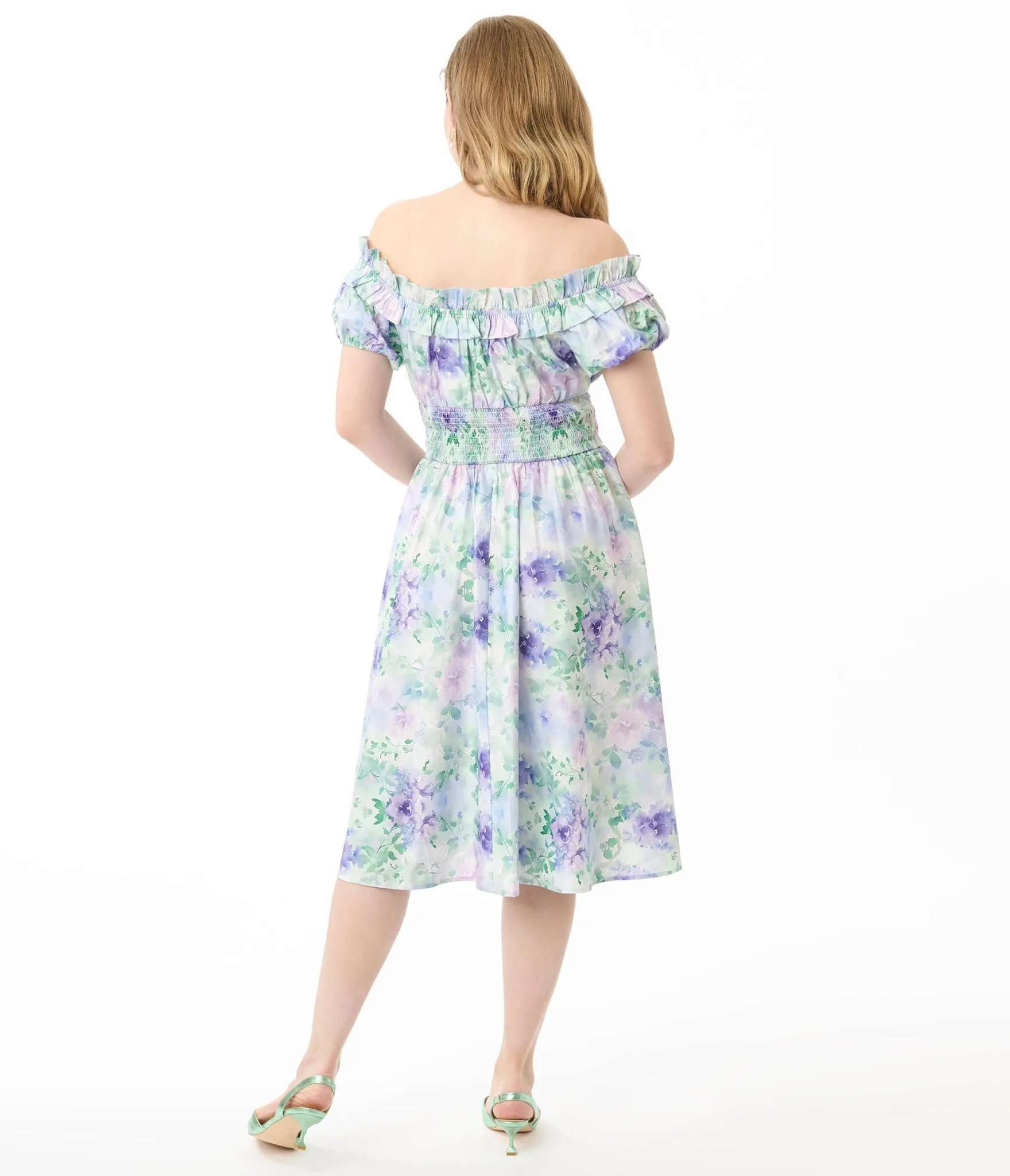 Unique Vintage 1950s Lavender Floral Off The Shoulder Ruffle Swing Dress sold by Unique Vintage product image thumbnail 3
