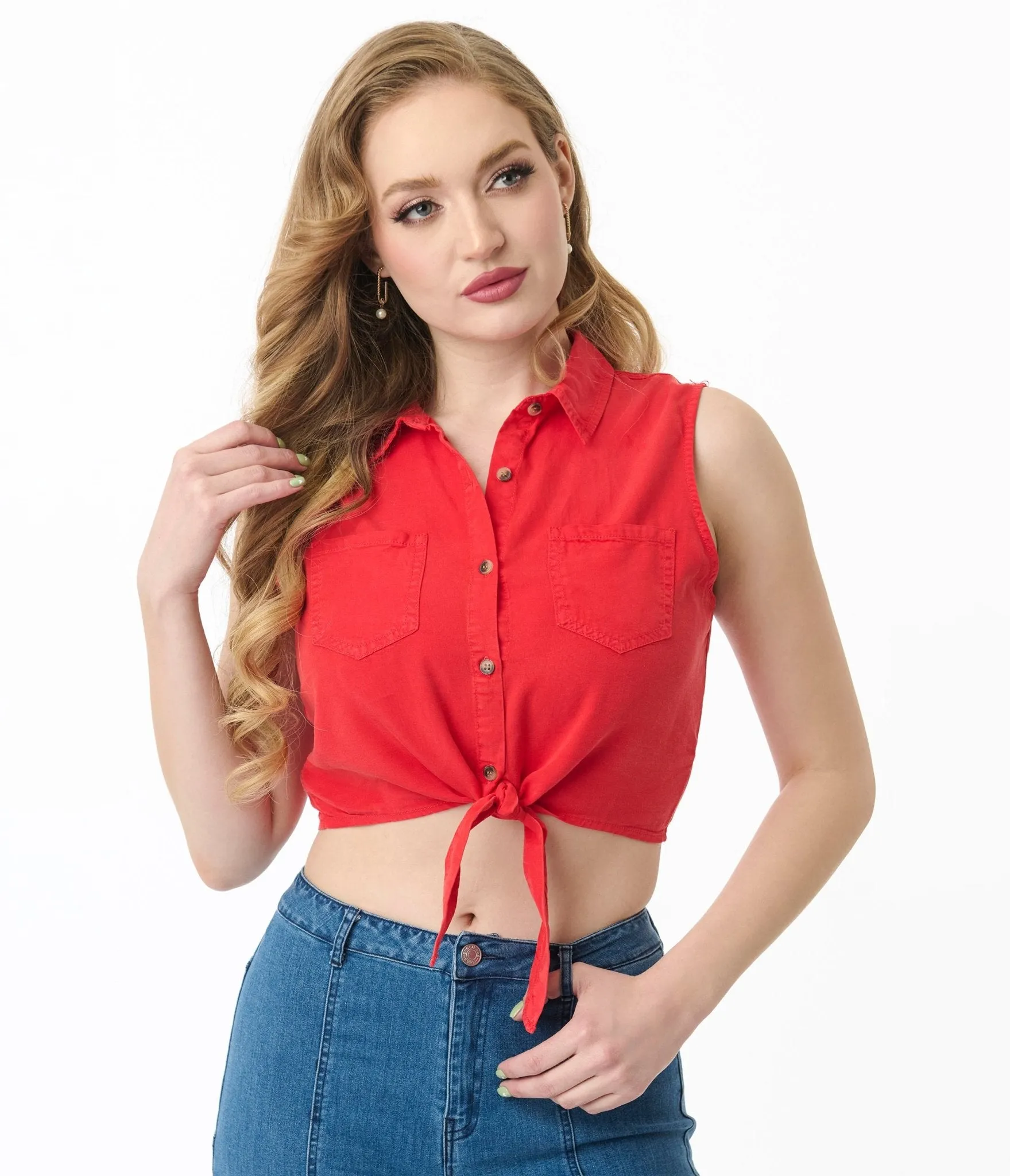 Red Front Tie Crop Top sold by Unique Vintage