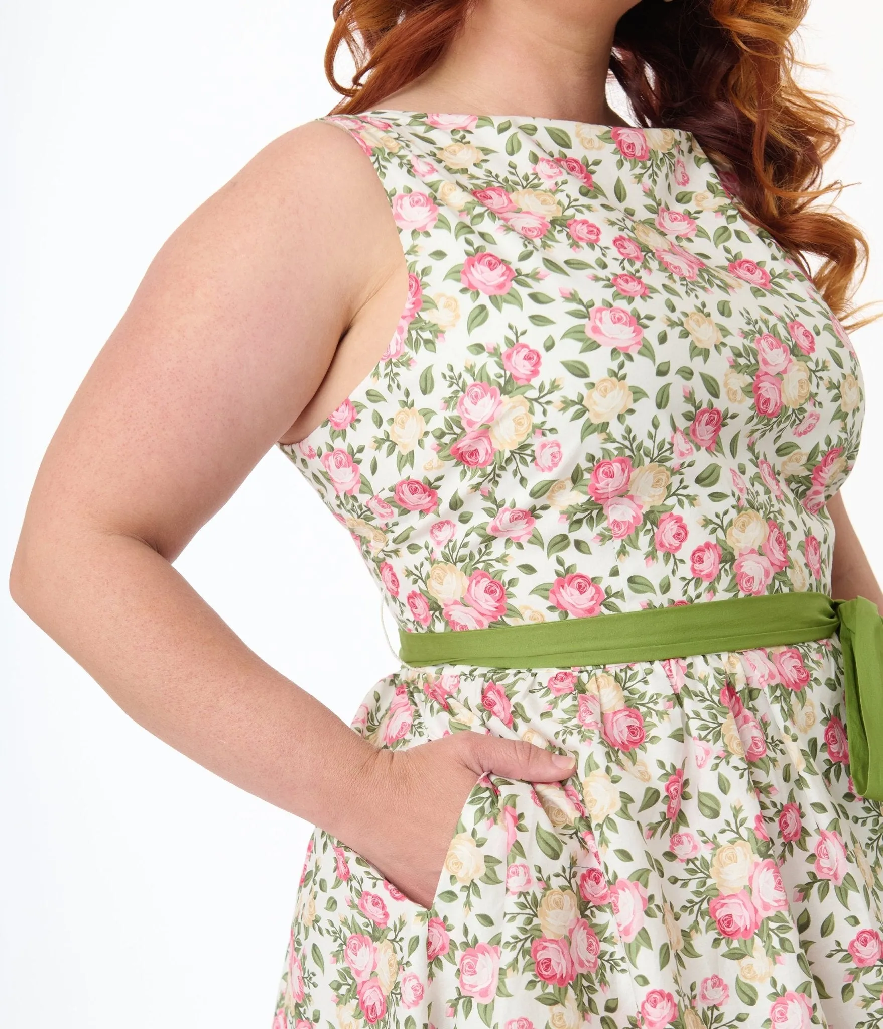 Unique Vintage Plus Size 1950s Pink & Green Floral Sleeveless Cotton Swing Dress sold by Unique Vintage product image thumbnail 2