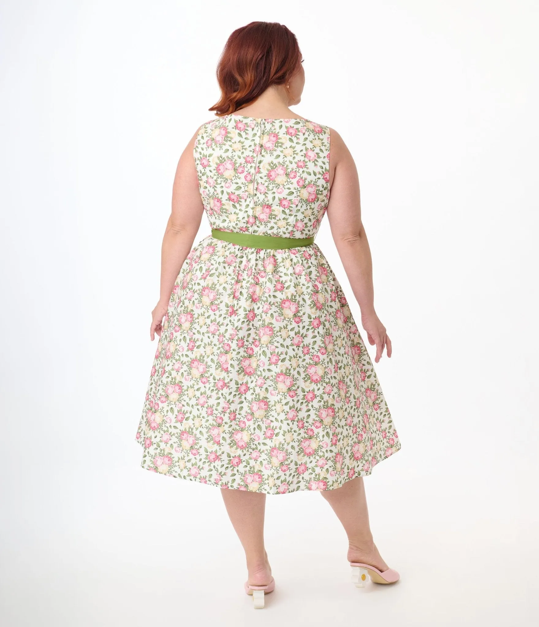 Unique Vintage Plus Size 1950s Pink & Green Floral Sleeveless Cotton Swing Dress sold by Unique Vintage product image thumbnail 3