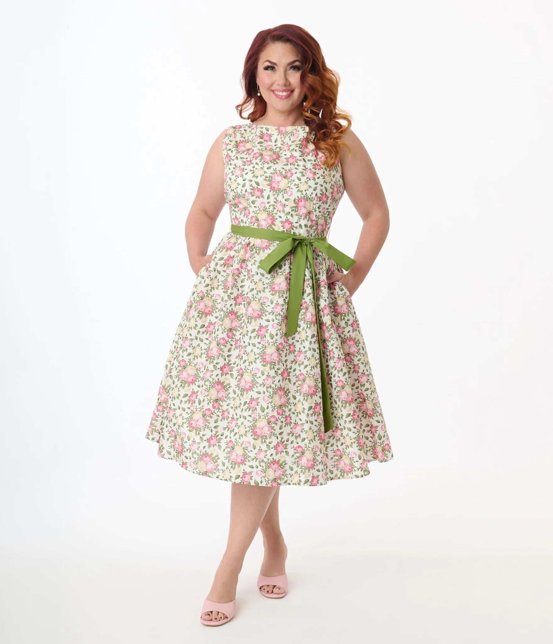Unique Vintage Plus Size 1950s Pink & Green Floral Sleeveless Cotton Swing Dress sold by Unique Vintage product image thumbnail 4