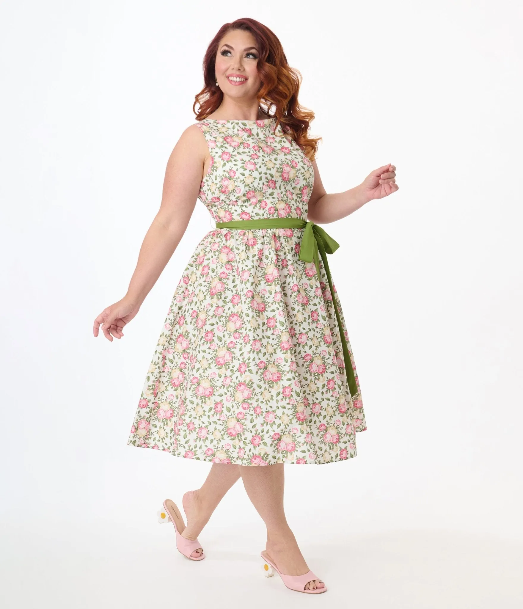 Unique Vintage Plus Size 1950s Pink & Green Floral Sleeveless Cotton Swing Dress sold by Unique Vintage