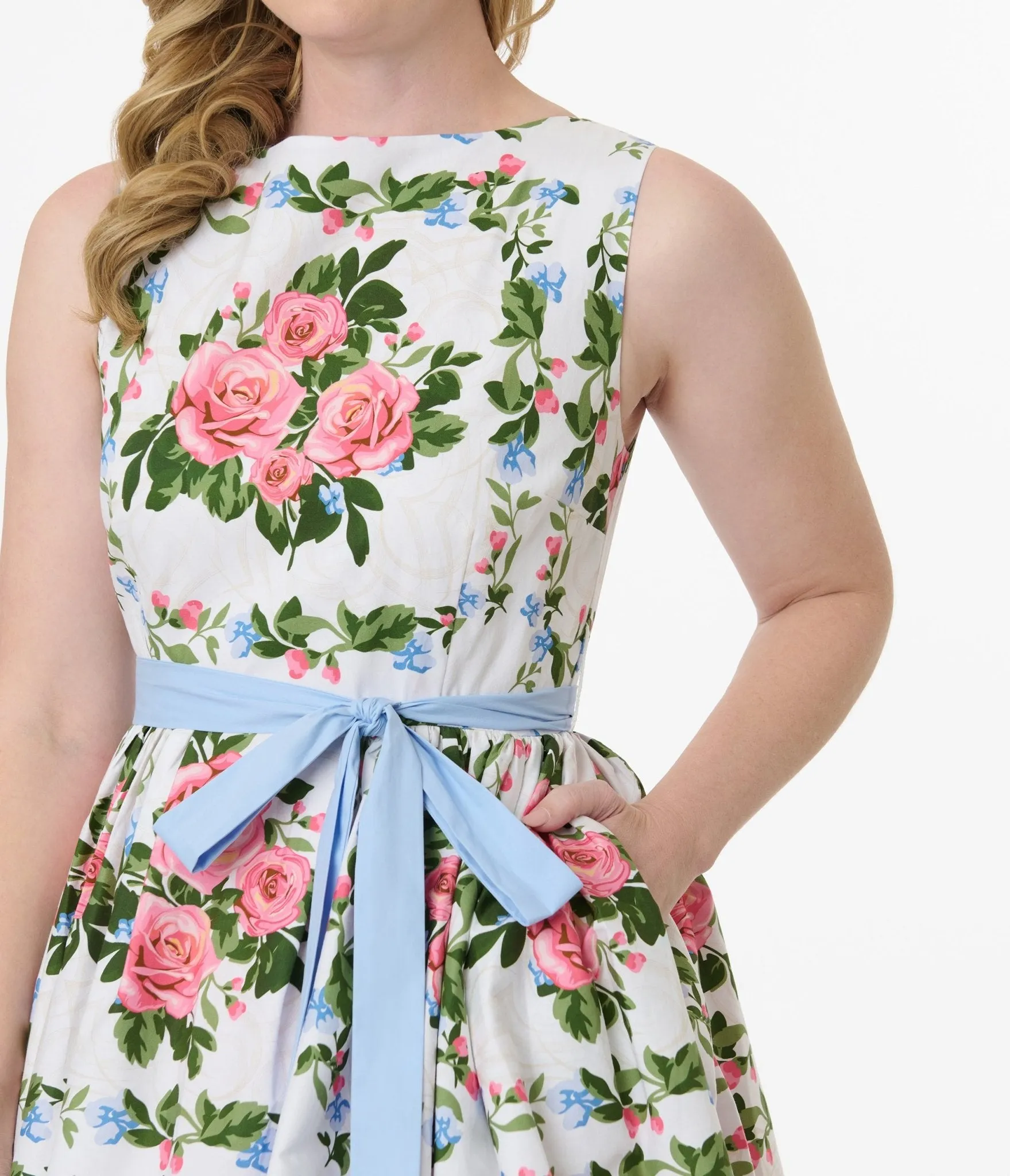 Unique Vintage 1950s White & Pink Rose Floral Sleeveless Cotton Swing Dress sold by Unique Vintage product image thumbnail 2