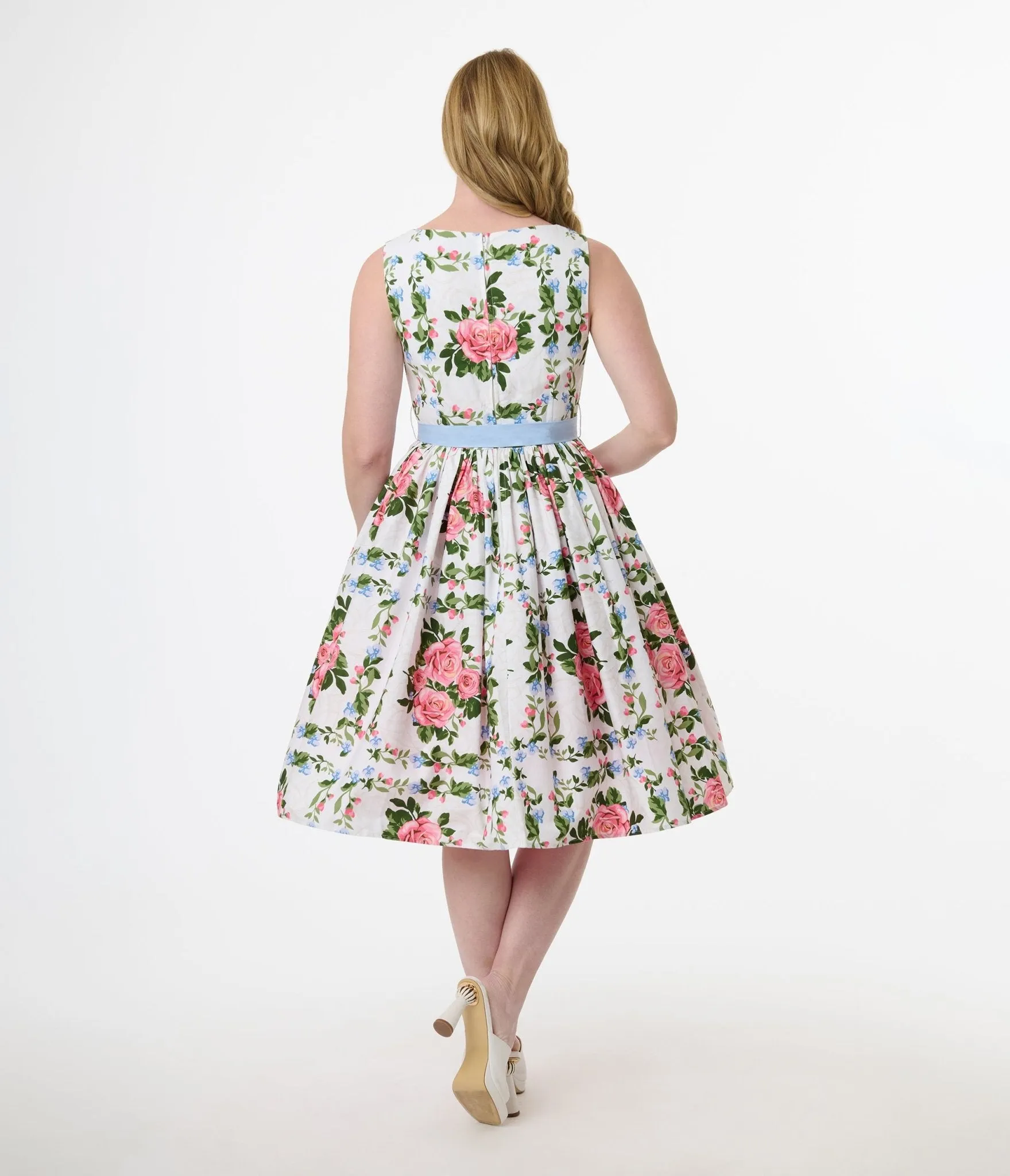 Unique Vintage 1950s White & Pink Rose Floral Sleeveless Cotton Swing Dress sold by Unique Vintage product image thumbnail 3
