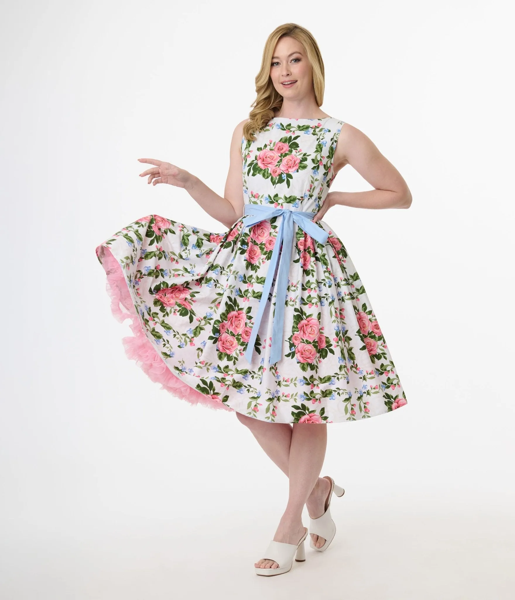 Unique Vintage 1950s White & Pink Rose Floral Sleeveless Cotton Swing Dress sold by Unique Vintage product image thumbnail 4