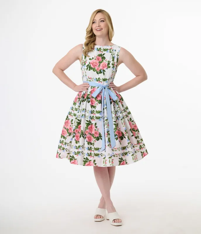 Unique Vintage 1950s White & Pink Rose Floral Sleeveless Cotton Swing Dress sold by Unique Vintage