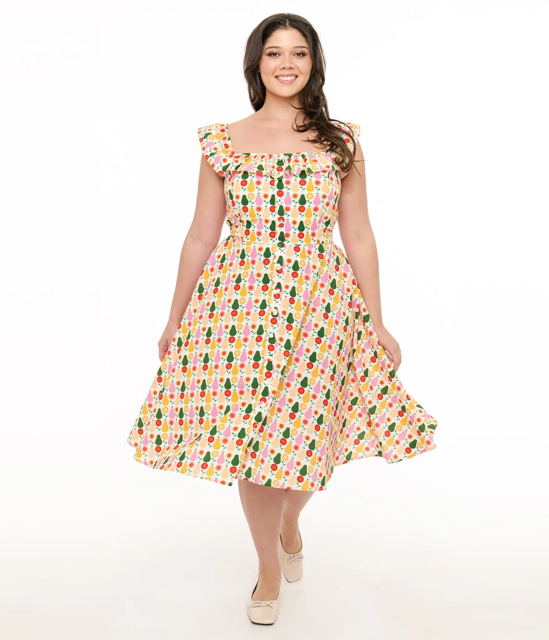 Magnolia Place Plus Size Multicolor Pear Print Cotton Barbara Swing Dress sold by Unique Vintage