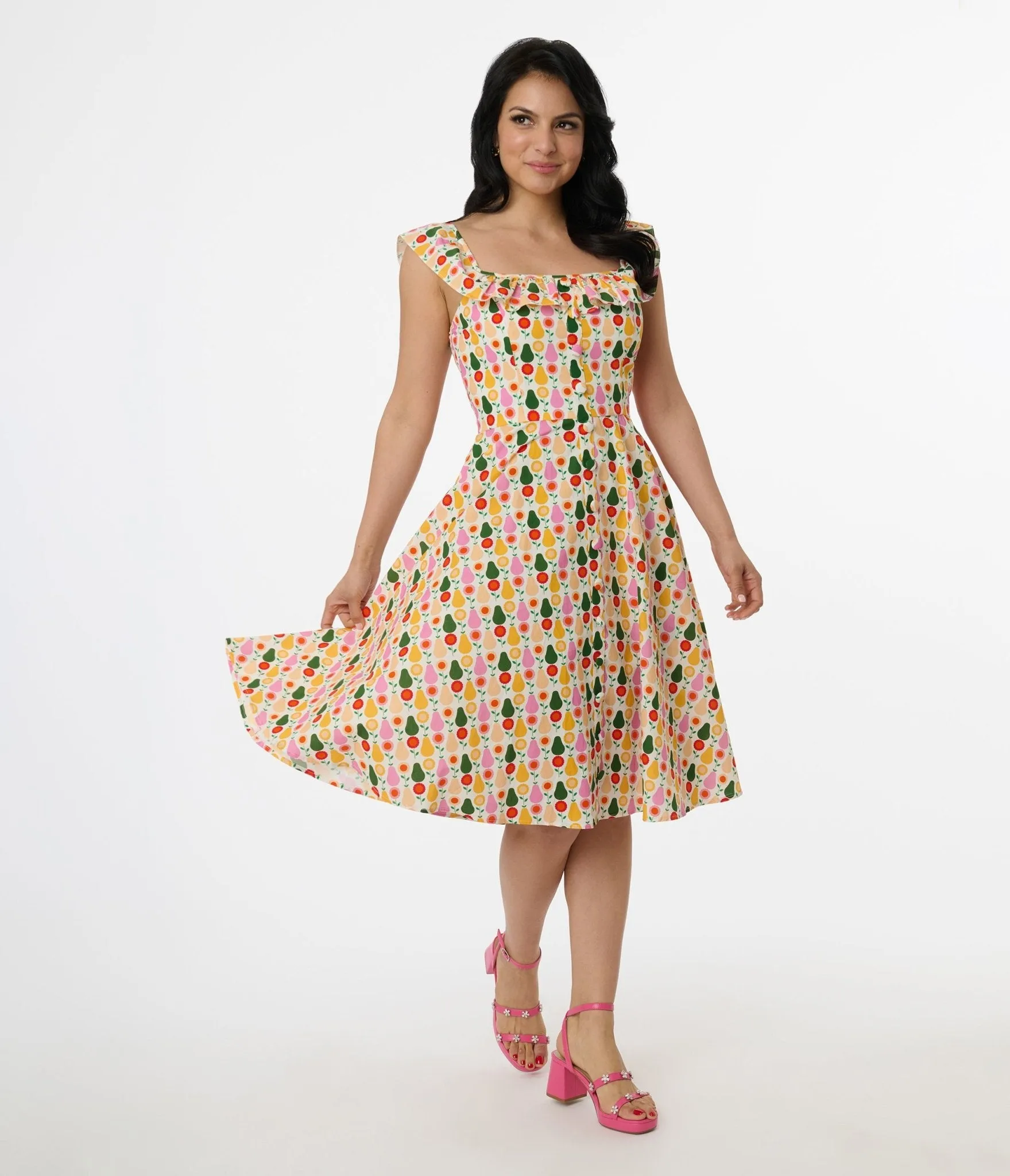 Magnolia Place Multicolor Pear Print Cotton Barbara Swing Dress sold by Unique Vintage
