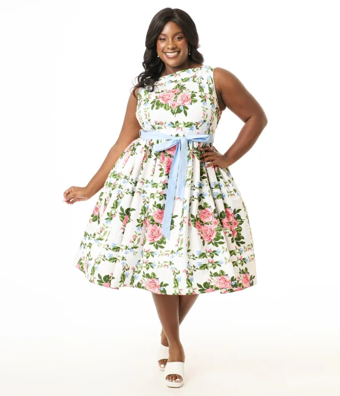 Unique Vintage Plus Size 1950s White & Pink Rose Floral Sleeveless Cotton Swing Dress sold by Unique Vintage