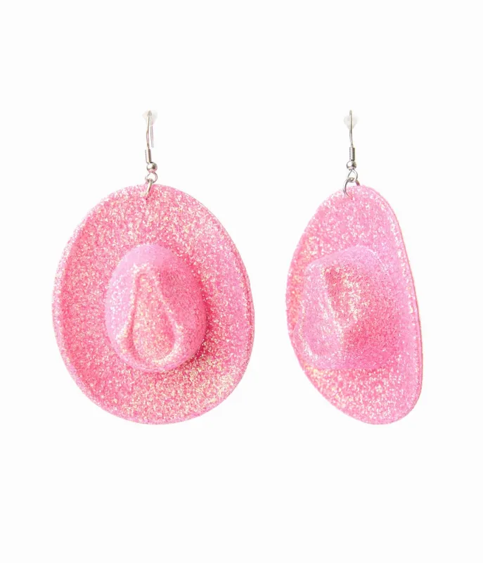 Glittery Hot Pink Cowboy Hat Earrings sold by Unique Vintage
