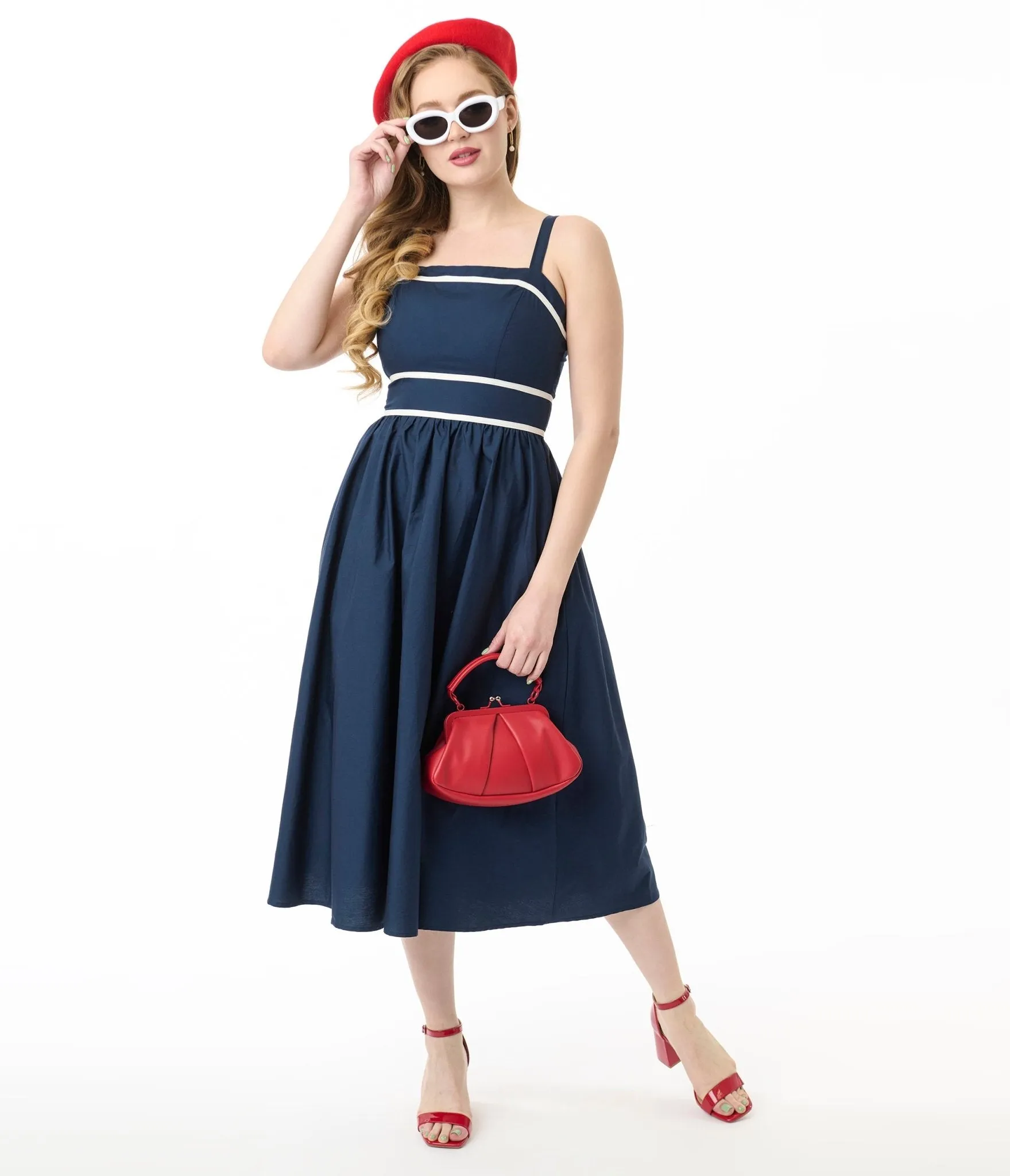 Navy & White Stripe Bunches Of Love Midi Dress sold by Unique Vintage