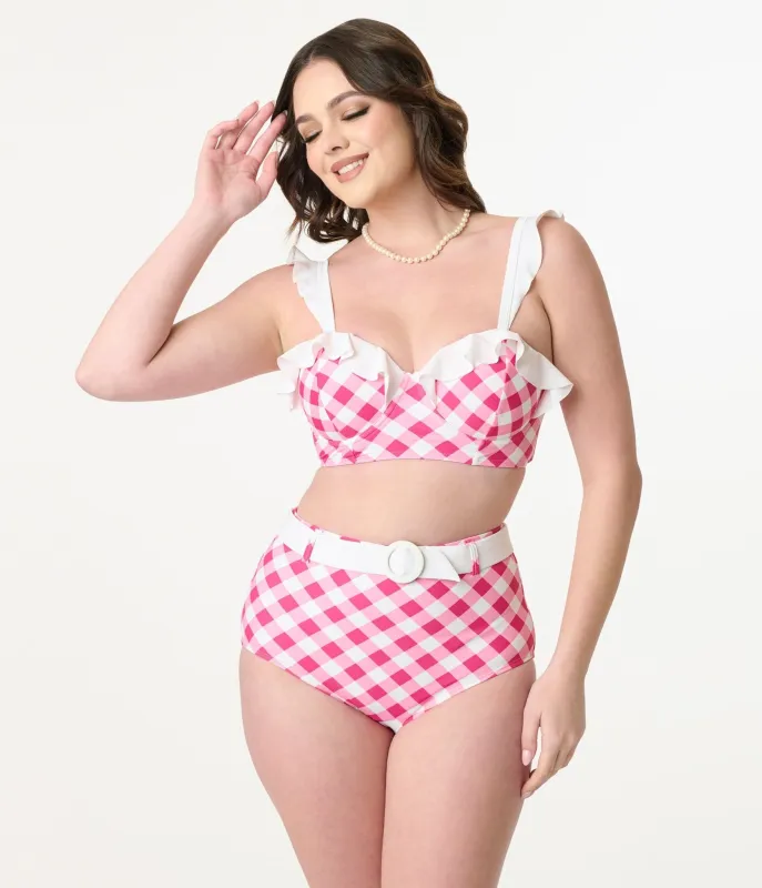 Unique Vintage Pink & White Gingham Belted Redondo Swim Bottoms sold by Unique Vintage