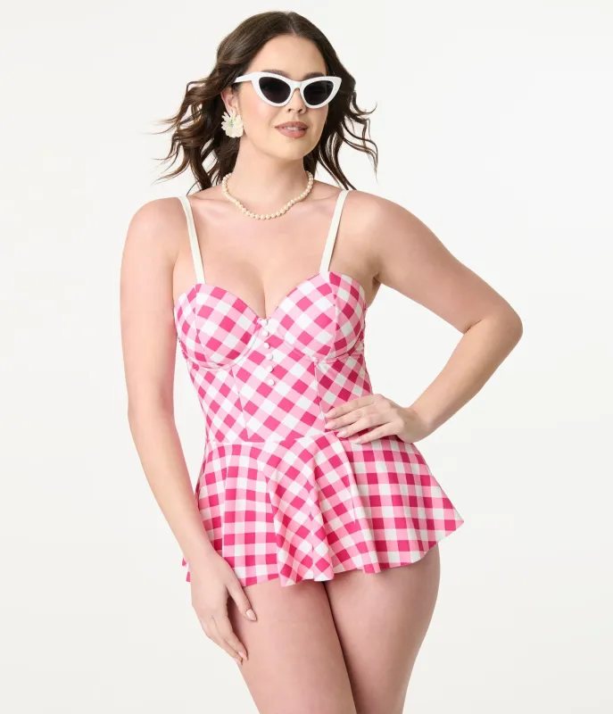 Unique Vintage Pink & White Gingham Skirted One Piece Swimsuit sold by Unique Vintage