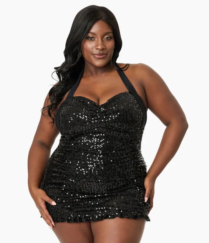 Unique Vintage Plus Size Black Sequin Halter Corinne Swim Dress sold by Unique Vintage