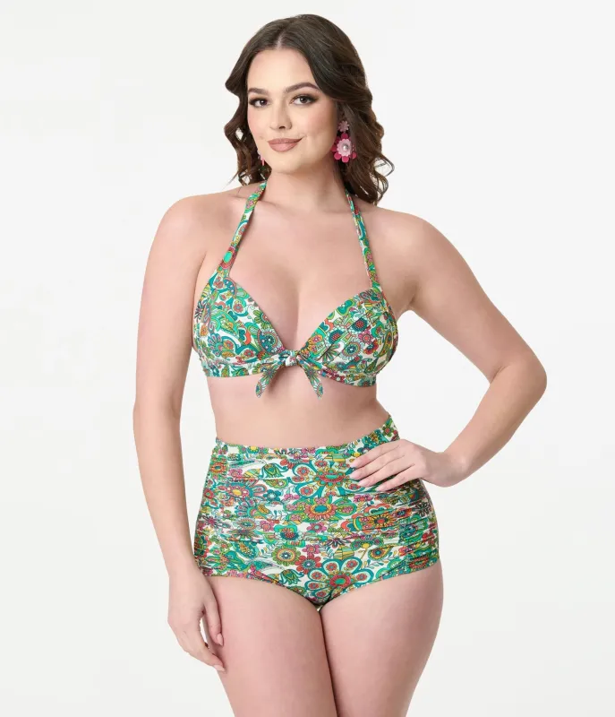 Unique Vintage Green Kaleidoscope Monroe Halter Swim Top sold by Unique Vintage