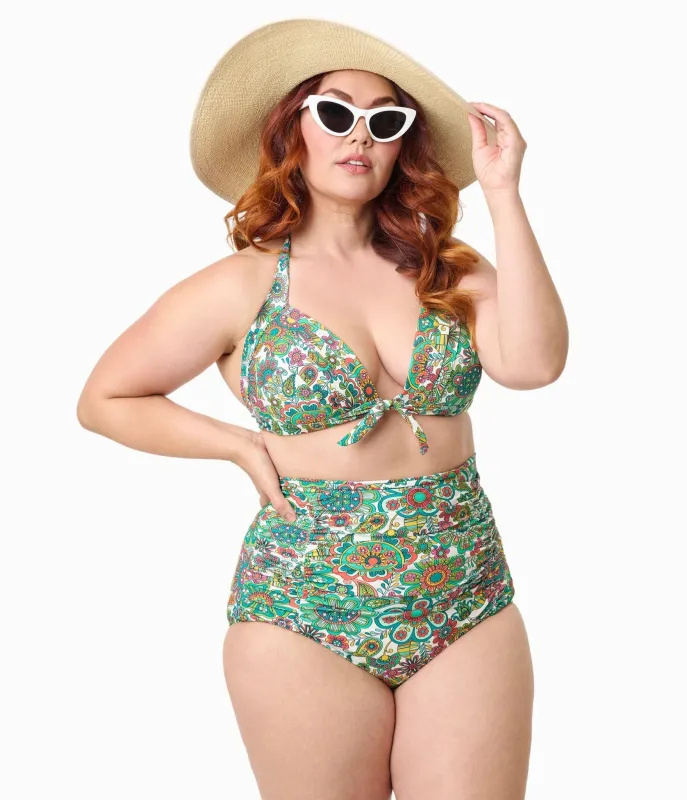 Unique Vintage Plus Size Green Kaleidoscope Monroe Swim Bottom sold by Unique Vintage
