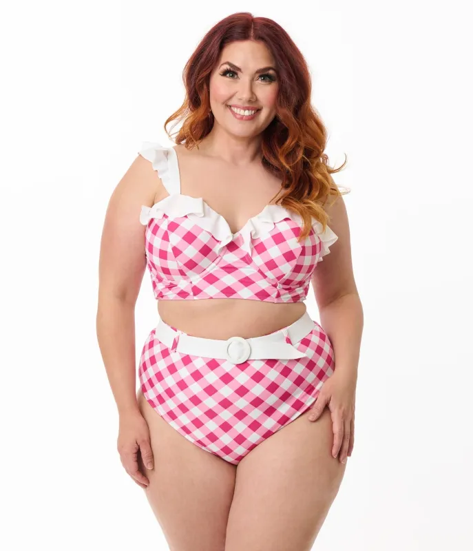 Unique Vintage Plus Size Pink & White Gingham Belted Redondo Swim Bottoms sold by Unique Vintage