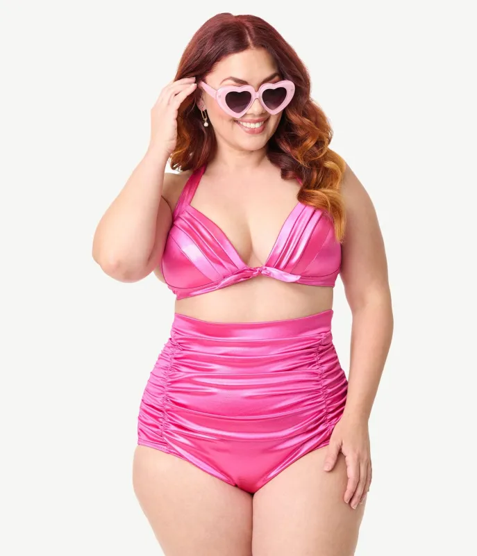 Unique Vintage Plus Size Pink Shimmer Monroe Halter Swim Top sold by Unique Vintage