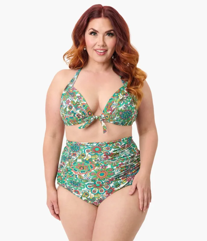 Unique Vintage Plus Size Green Kaleidoscope Monroe Halter Swim Top sold by Unique Vintage