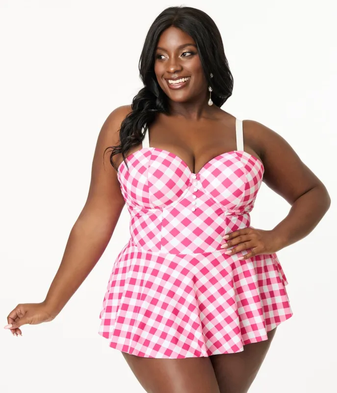 Unique Vintage Plus Size Pink & White Gingham Skirted One Piece Swimsuit sold by Unique Vintage