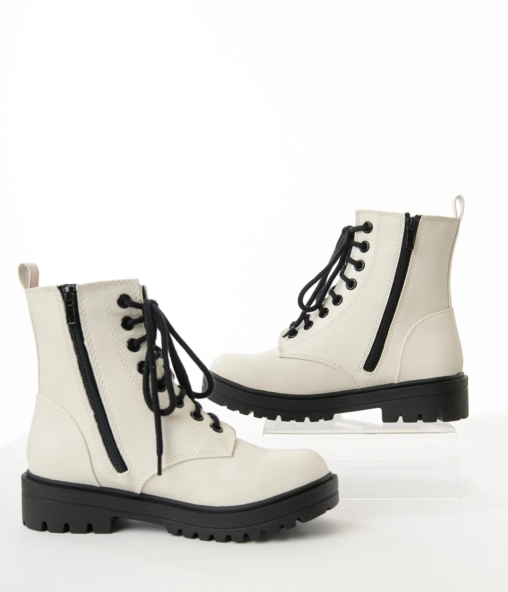 White & Black Leatherette Lace Up Boots sold by Unique Vintage
