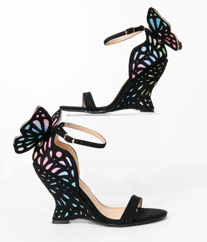 Black & Rainbow Suede Butterfly Wedge Heels made by Unique Vintage