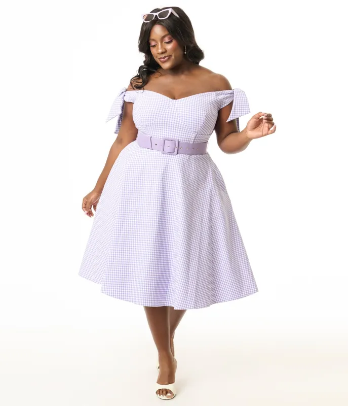 Unique Vintage Plus Size Lavender & White Gingham Off The Shoulder Swing Dress sold by Unique Vintage